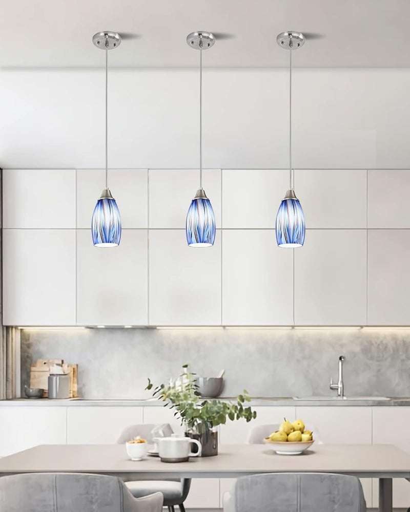 karyfine Dark Blue Glass Mini Pendant Lights for Kitchen Island 3Pack Blown Art Glass Pendant Lighting Shade Hanging Pendant Lights with Brushed Nickel Finish for Kitchen Over Sink,Dining Room - Image 5